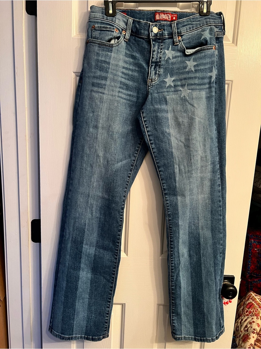 Lucky Brand Women’s Distressed Blue Wide Leg Jeans with Stars and Stripes Detail